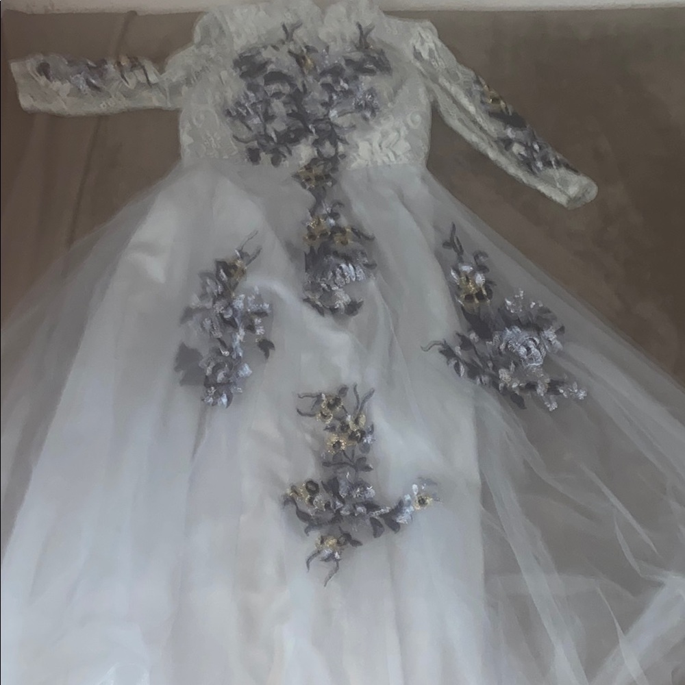 Elegant White Gown with Floral Embroidery